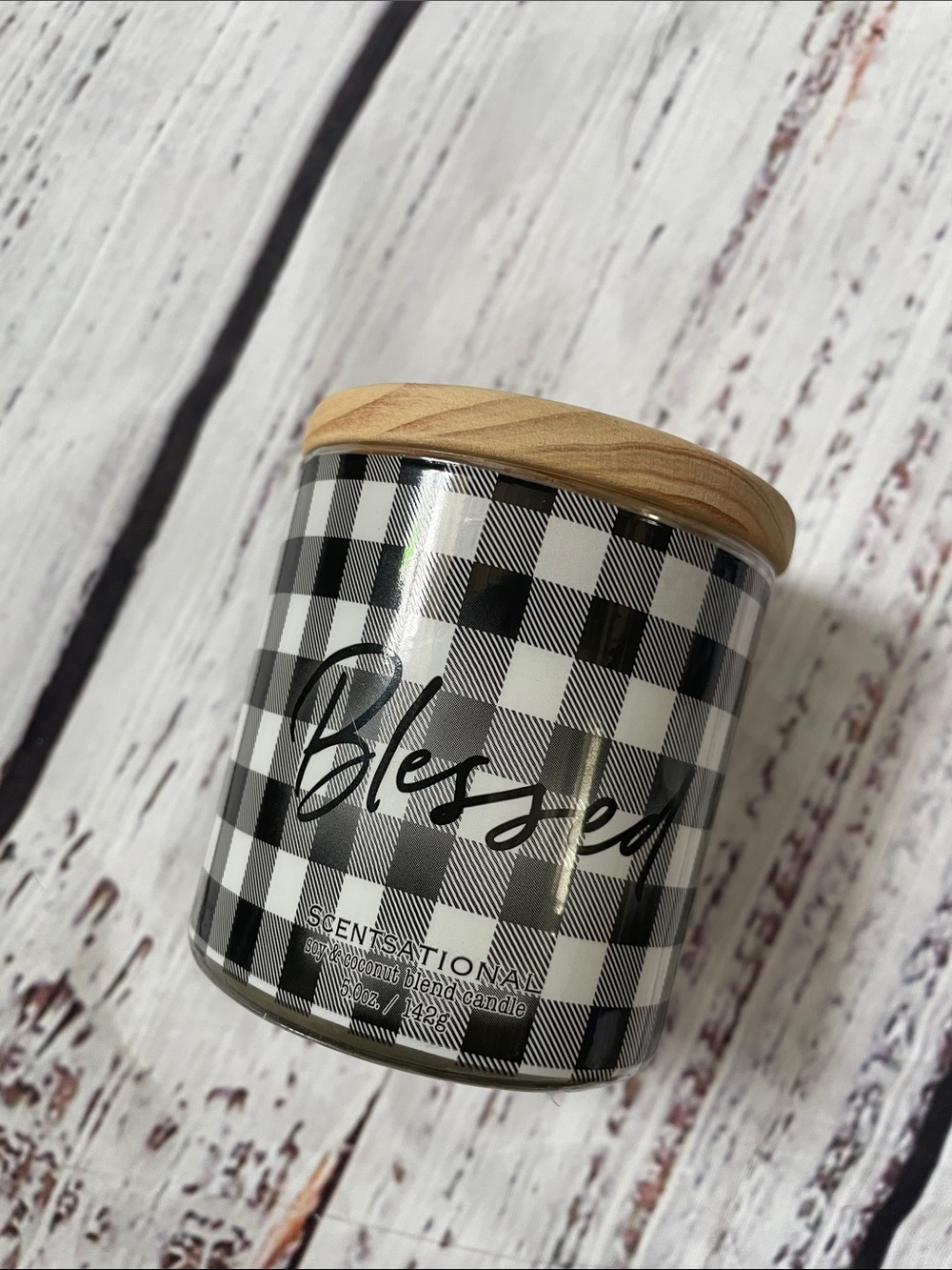 Blessed Black & White Buffalo Check Candle with Wood Lid